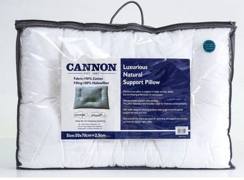Cannon وسادة كانون الفاخرة للدعم الطبيعي - قماش أبيض 100% قطن حشو 100% ألياف فارغة 50x70+2.5 سم - Image 1